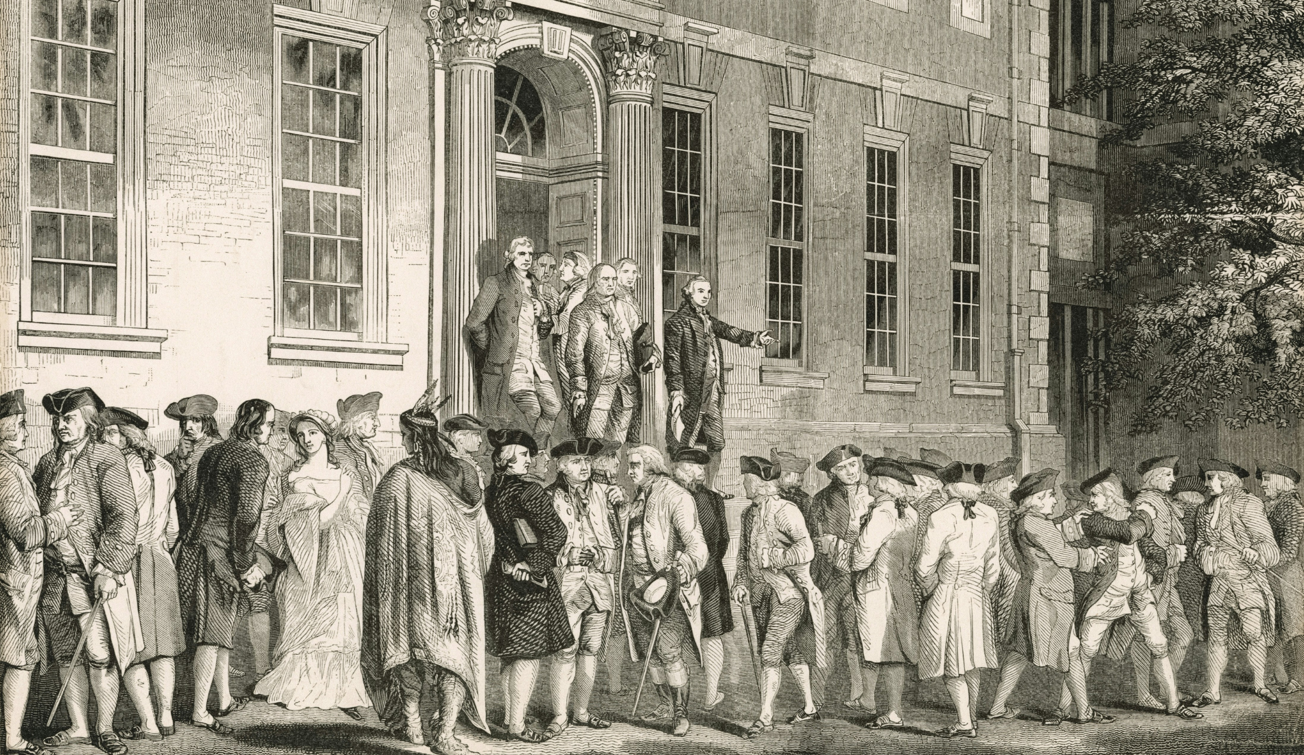 John Nixon reading the Declaration of Independence to the people in front of the State House immediately after its passage. The New York Public Library.